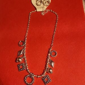 Silver 17 Inch Geometric Charm Necklace With Earrings